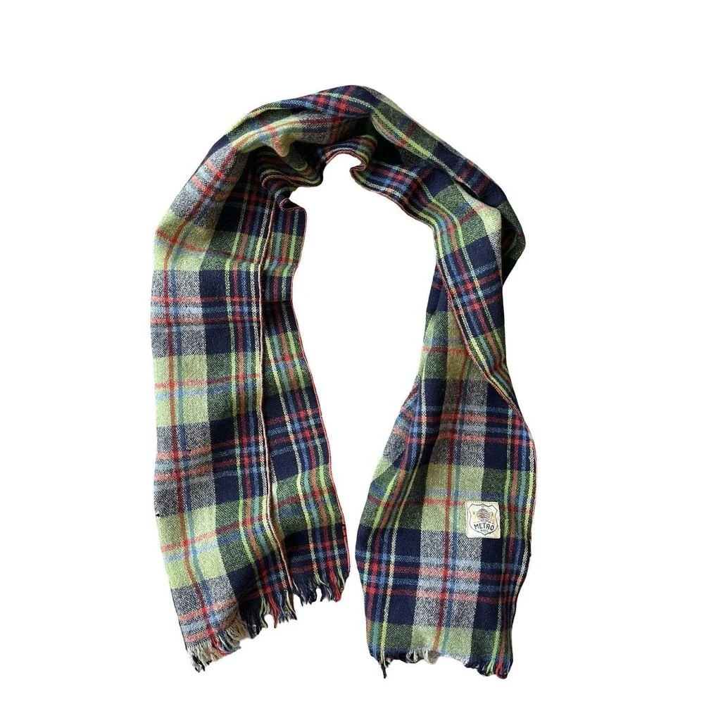 Vintage Metro Plaid Wool Scarf Green Blue Red Fringe Winter Unisex Retro